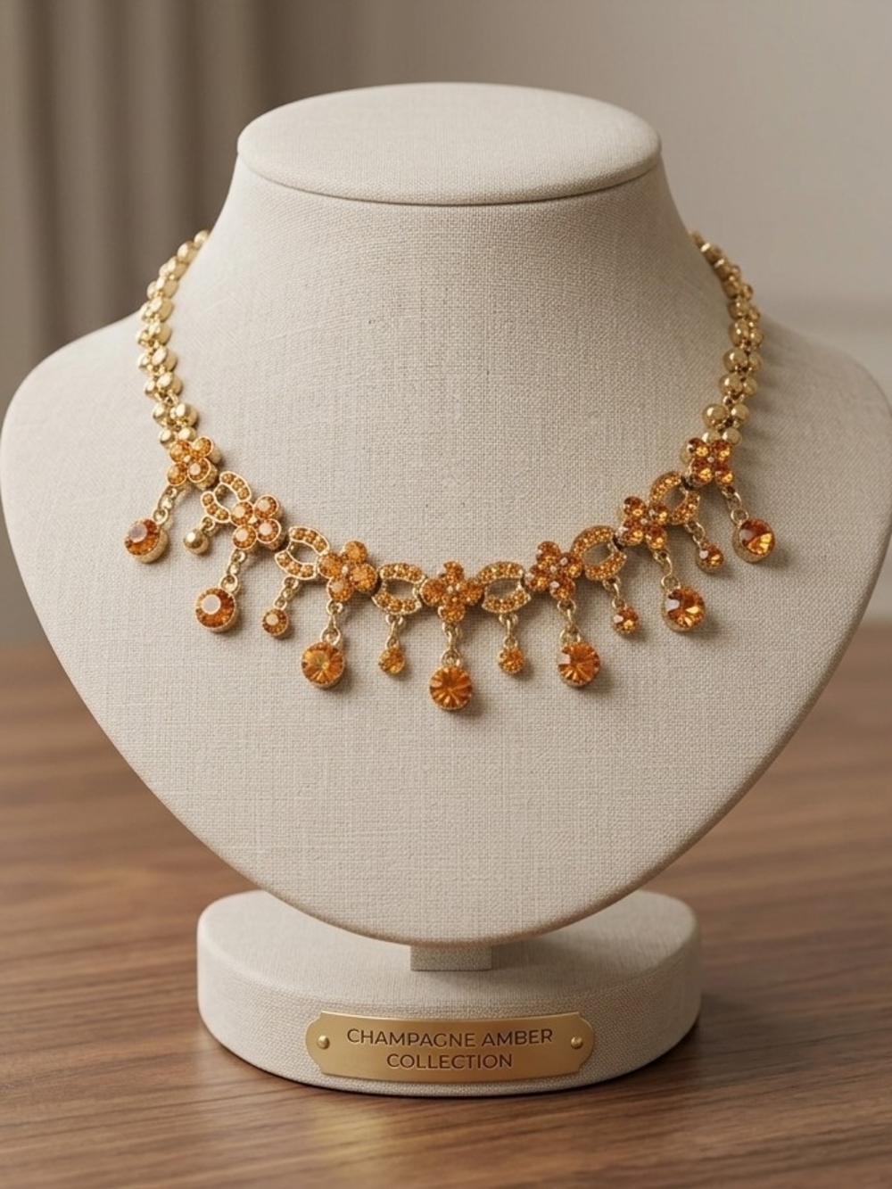 Champagne Amber Floral Drop Necklace - Gold Tone Statement